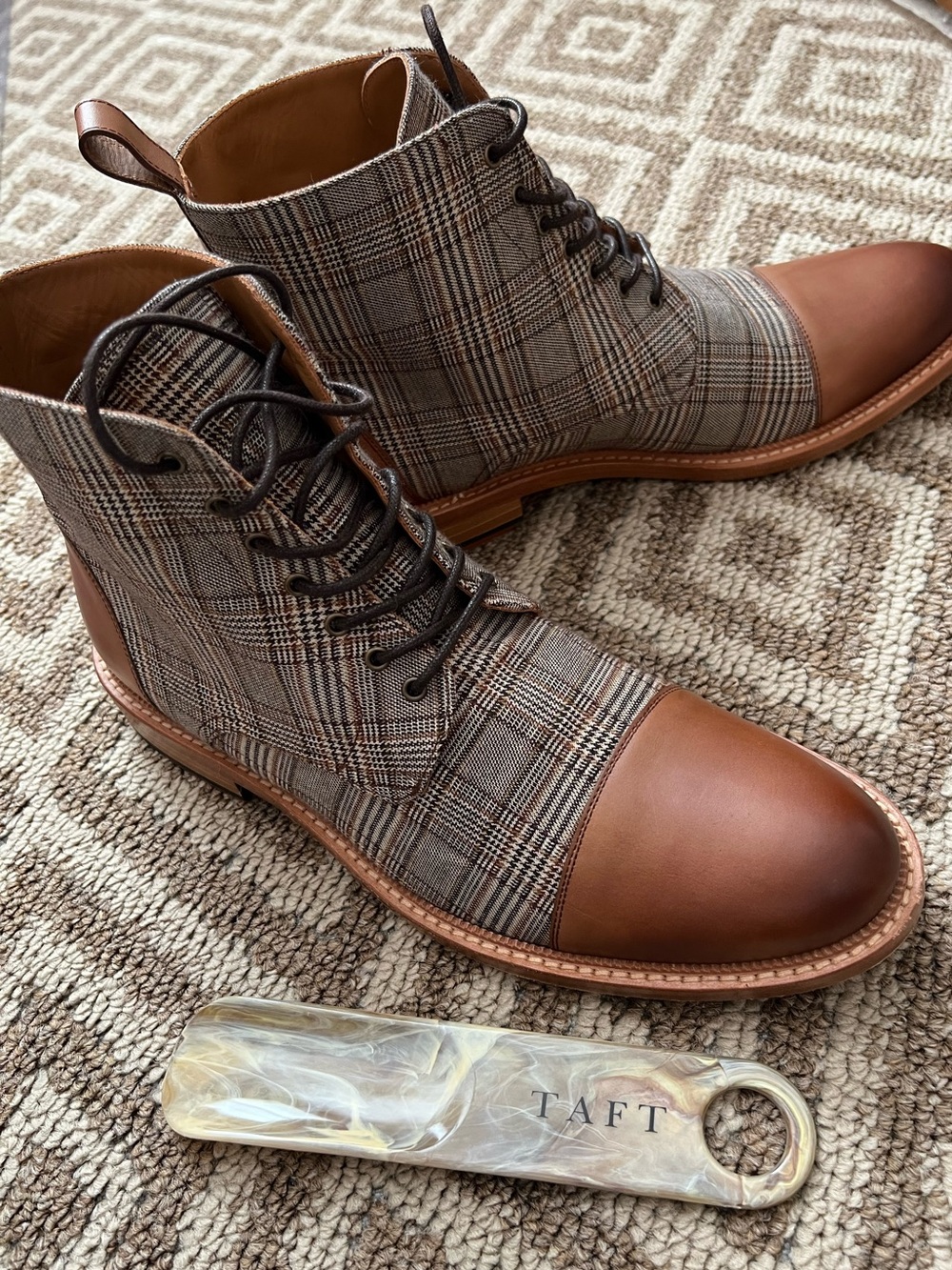 TAFT The Jack Boot Brown Leather & Grey Plaid Lace-Up Boots Spain EU 42 US 9